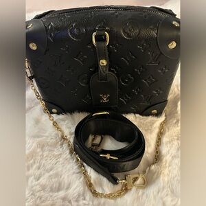 Black Embossed Monogram Leather Shoulder Bag with Gold Hardware